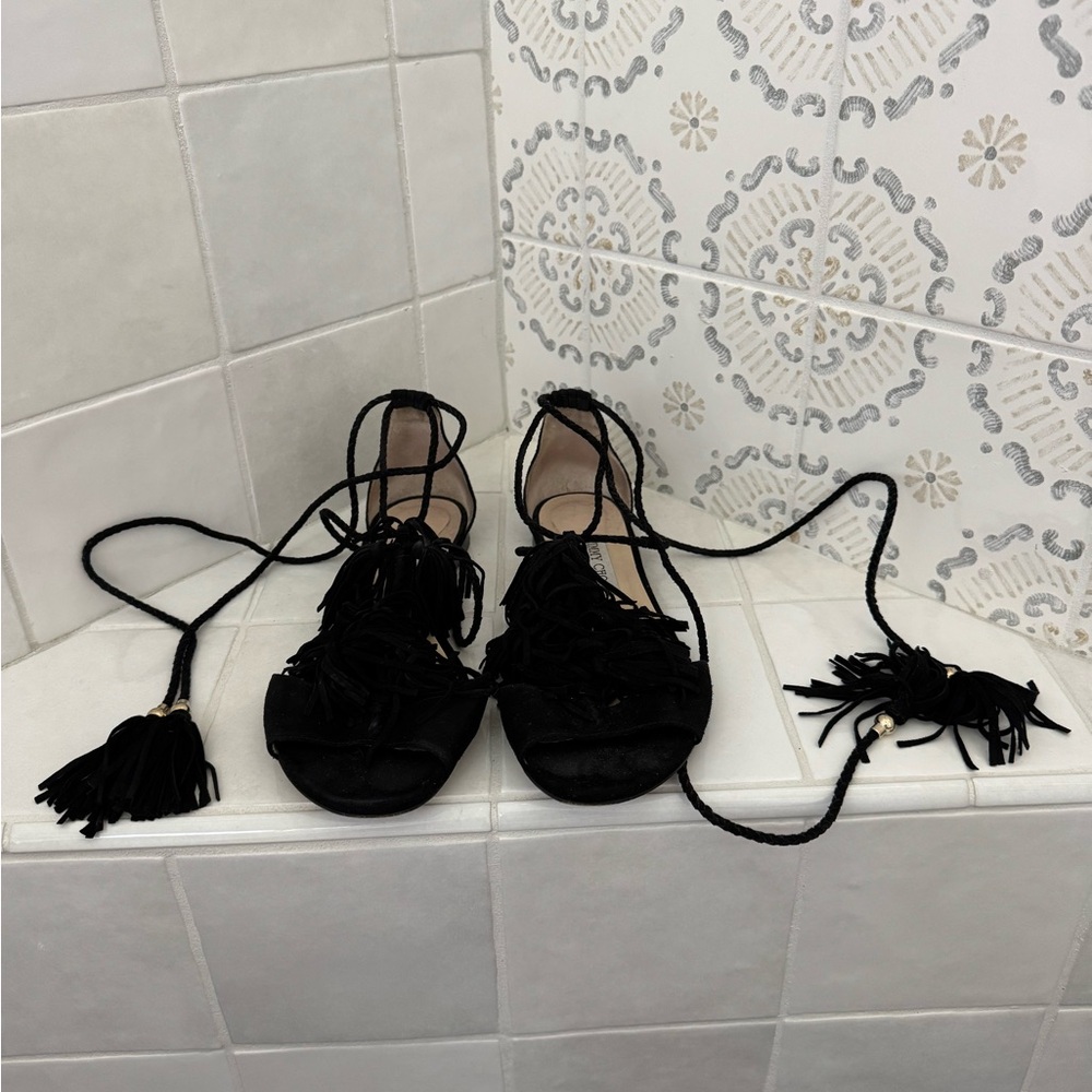 Jimmy Choo Flat Black Tie Lace Up Women's Sandals
